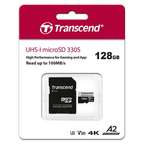 Флеш карта microSD 128GB Transcend High Performance, microSDXC UHS-I U3, V30, A2 [R/W - 100/85 MB/s] с адаптером